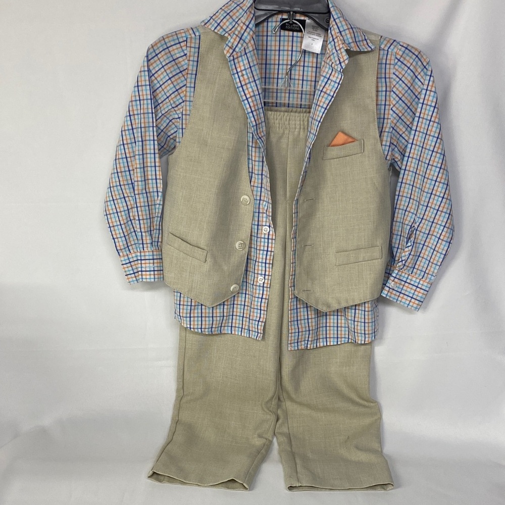 Holiday Editions Beige Vest with Plaid Shirt 3 Piece Boys Suit Size 7